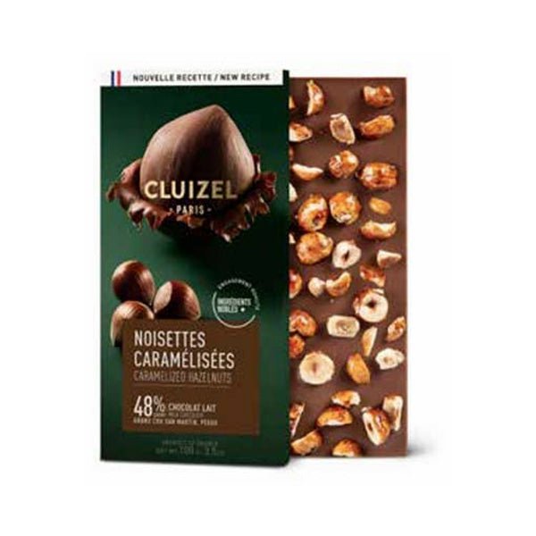 Cluizel chocolate bar packaging with caramelized hazelnuts on a white background