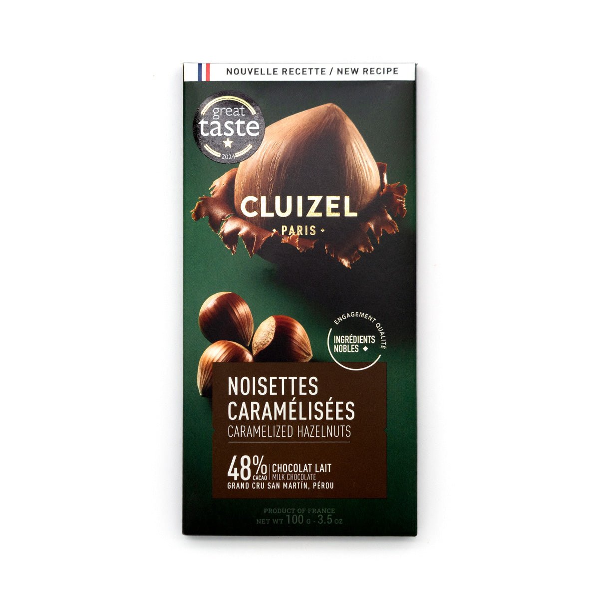 Cluizel Caramelized Hazelnuts chocolate bar packaging on a white background
