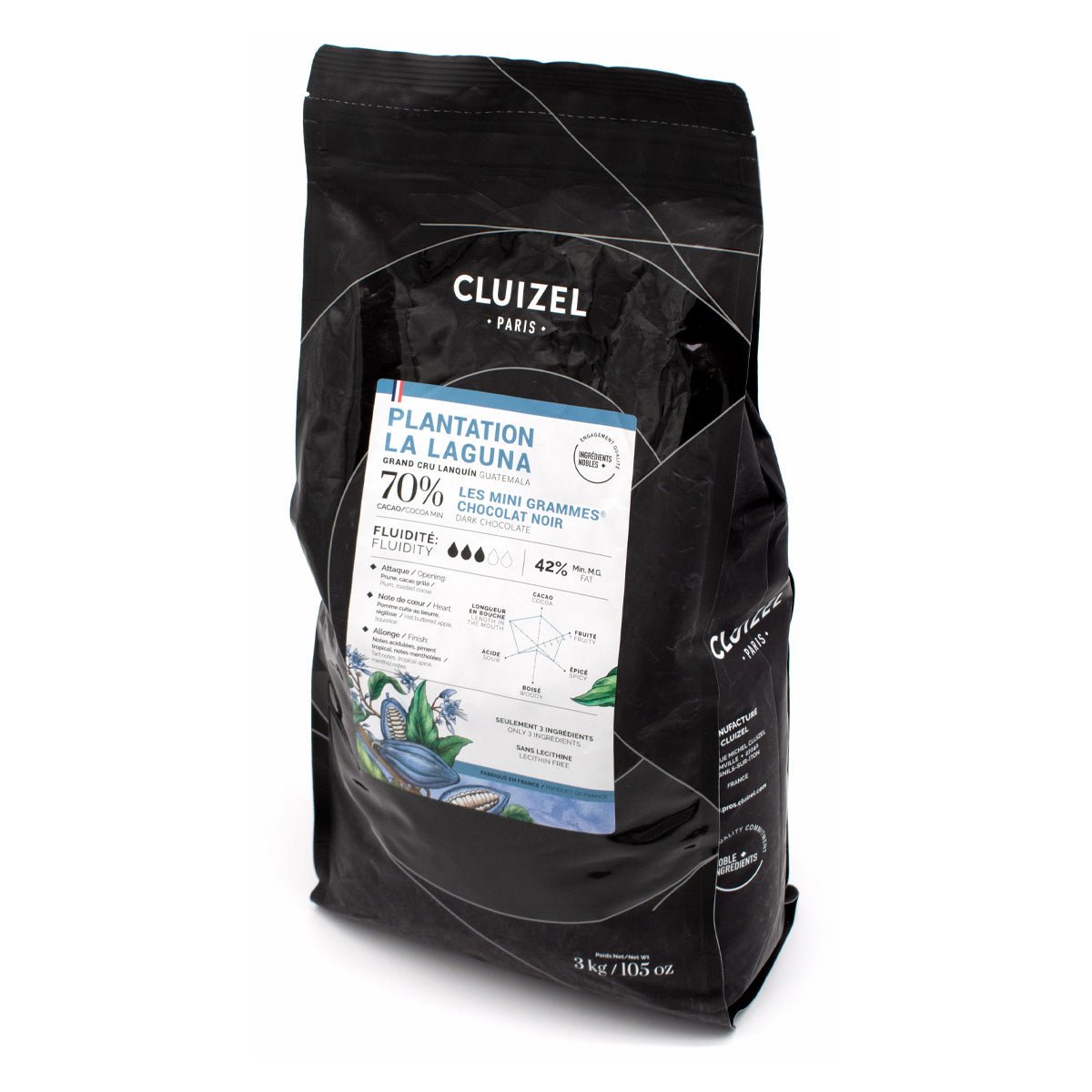 Black Cluizel chocolate packaging with a label on a white background