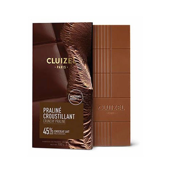 Cluizel chocolate bar packaging with a close-up of the chocolate surface.