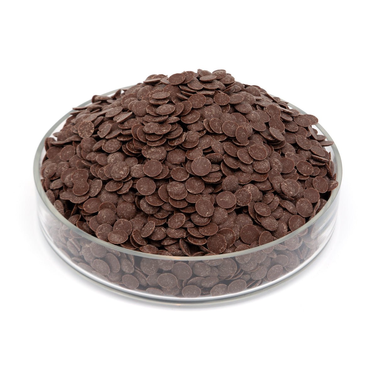 Clear glass bowl filled with chocolate chips on a white background