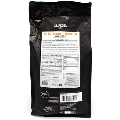 Black chocolate bag with Cluizel branding and plantation information on a white background