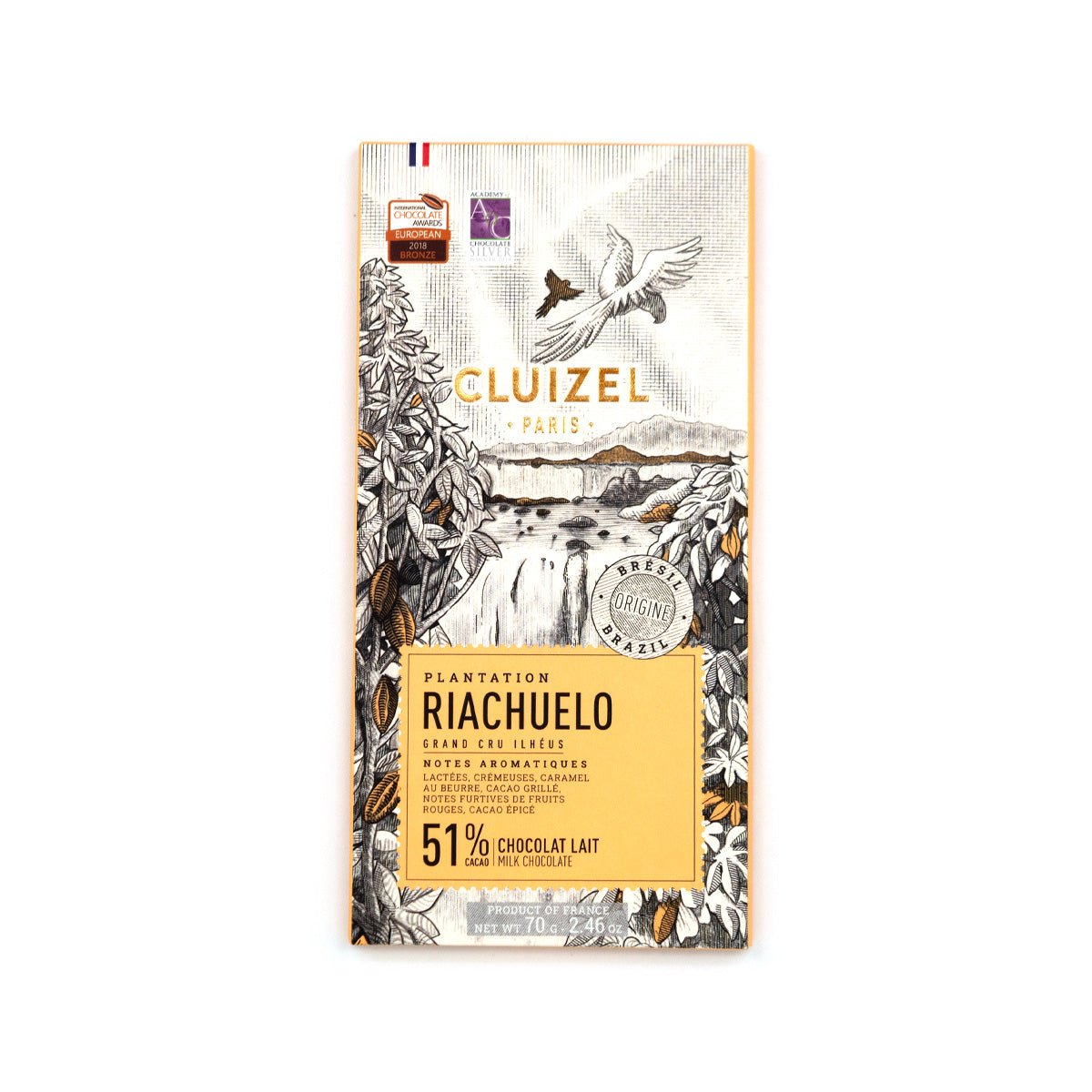 Cluizel chocolate bar packaging with illustrations and text on a white background