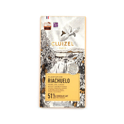 Cluizel chocolate bar packaging with illustrations and text on a white background