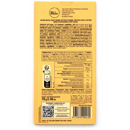 Back of a chocolate bar packaging with text and nutritional information on a white background