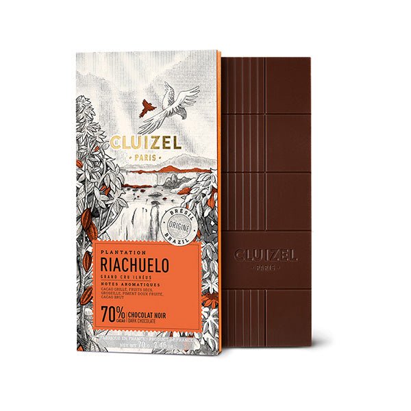 Cluizel chocolate bar with packaging on a white background