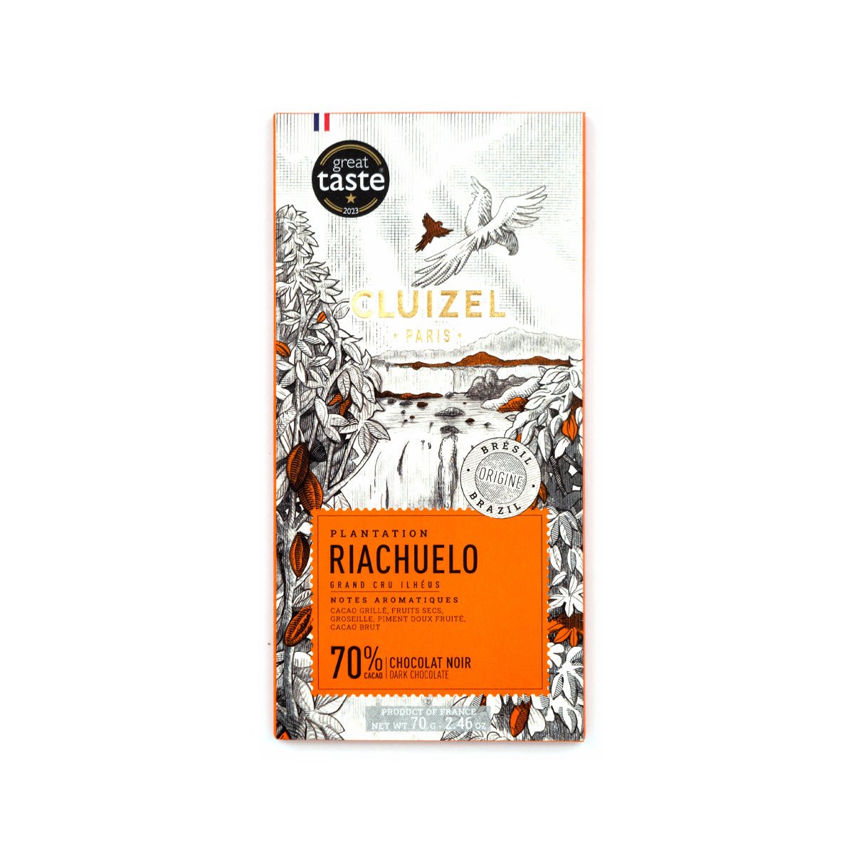 Cluizel chocolate bar packaging with branding and product details on a white background