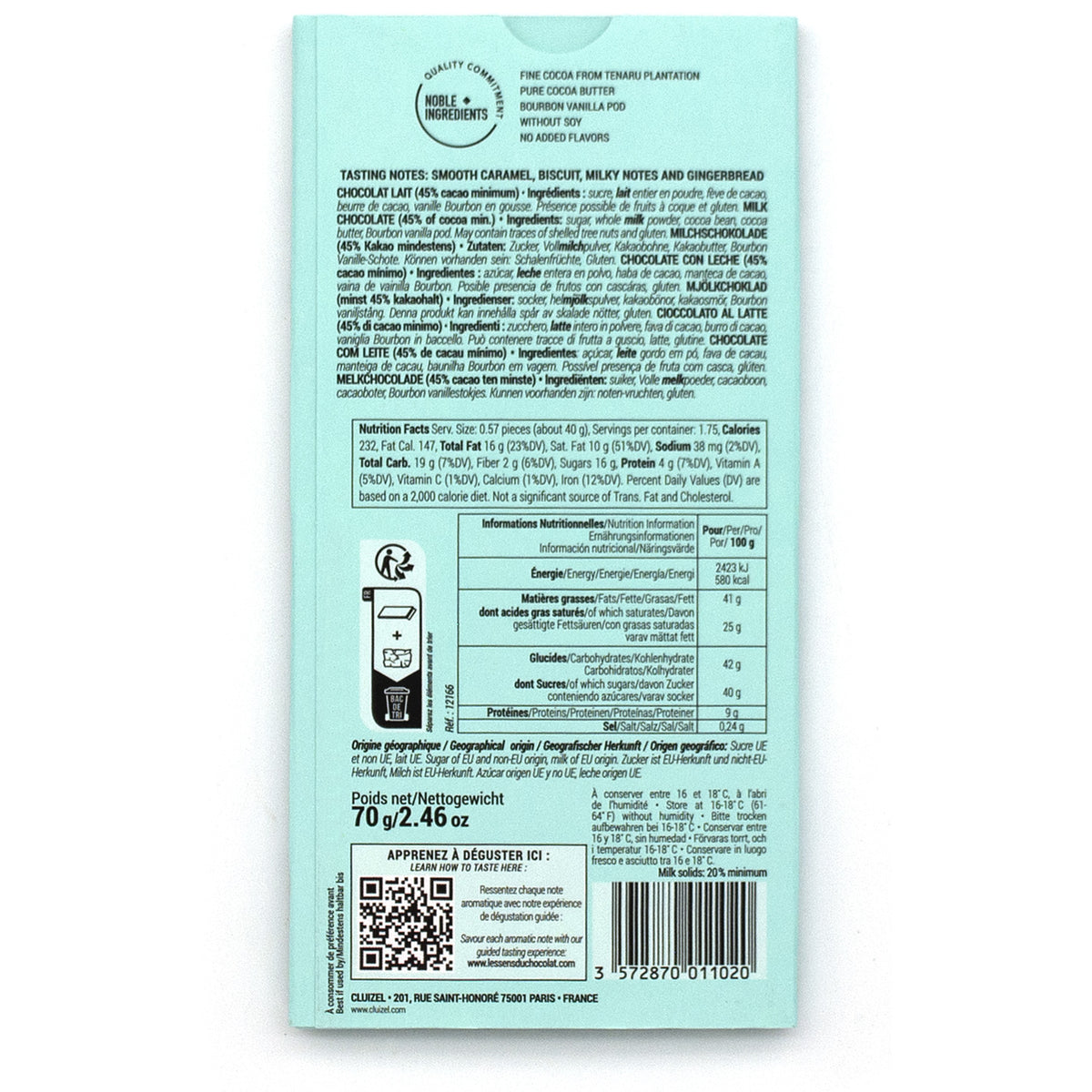 Michel Cluizel Tenaru Lait 45% Single Plantation Milk Chocolate Bar - 70g