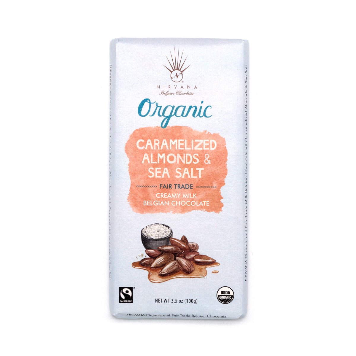 Nirvana Caramelized Almonds & Sea Salt Organic 40% Milk Chocolate Bar - 100g