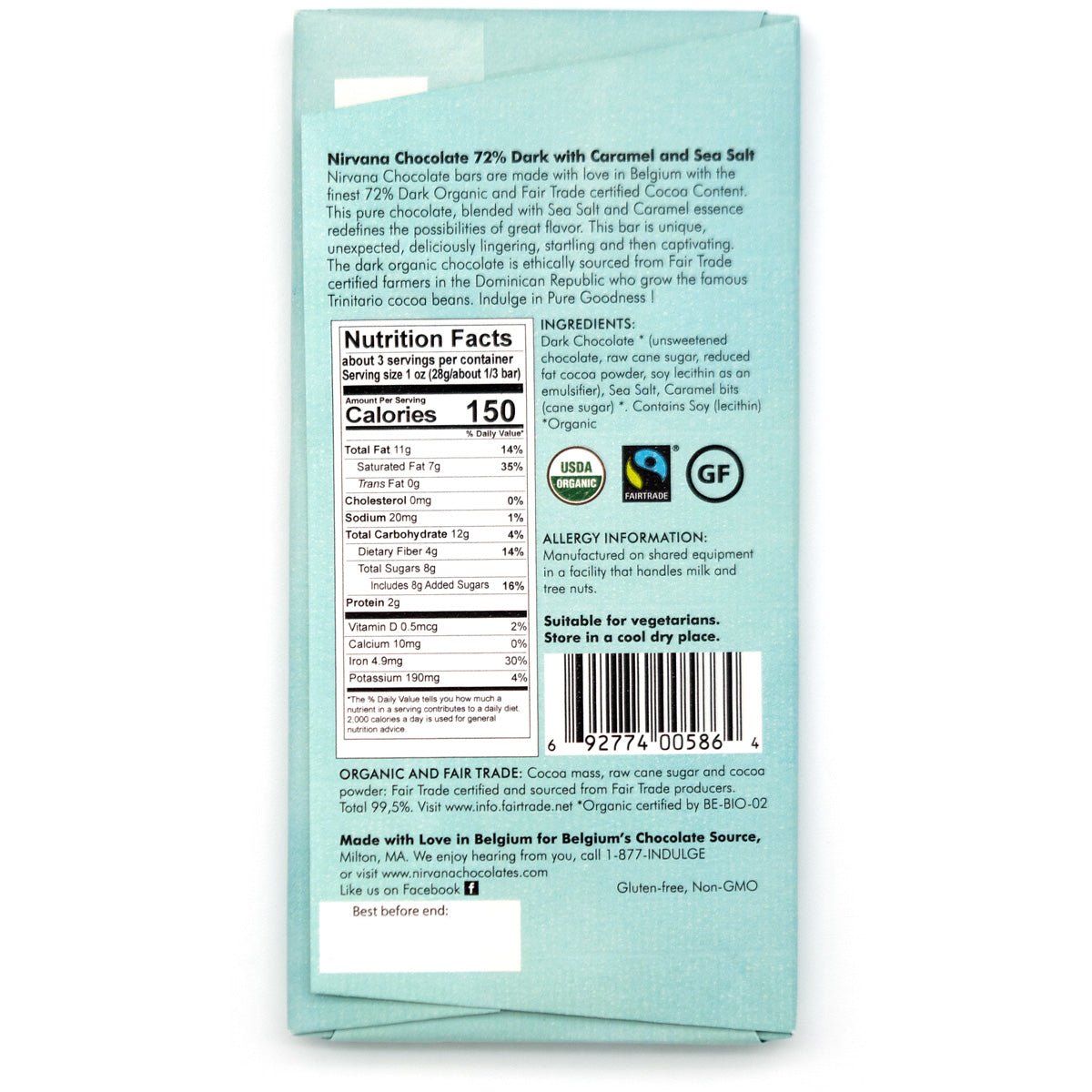 Nirvana Sea Salt & Caramel Organic 72% Single Origin Dark Chocolate Bar - 100g