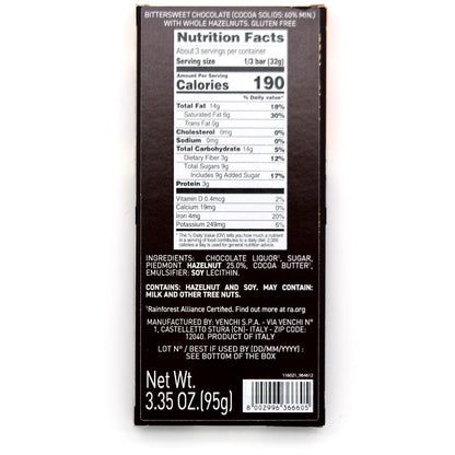 Venchi Nocciolata Fondente 60% Dark Chocolate & Hazelnuts Bar - 95g