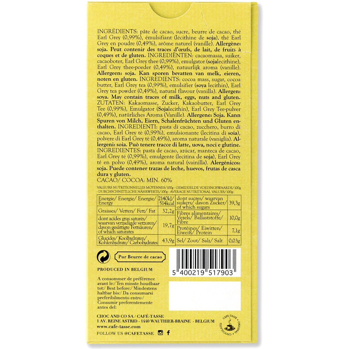 Cafe-Tasse Noir & Thé 60% Dark Chocolate & Earl Grey Tea Bar - 85g