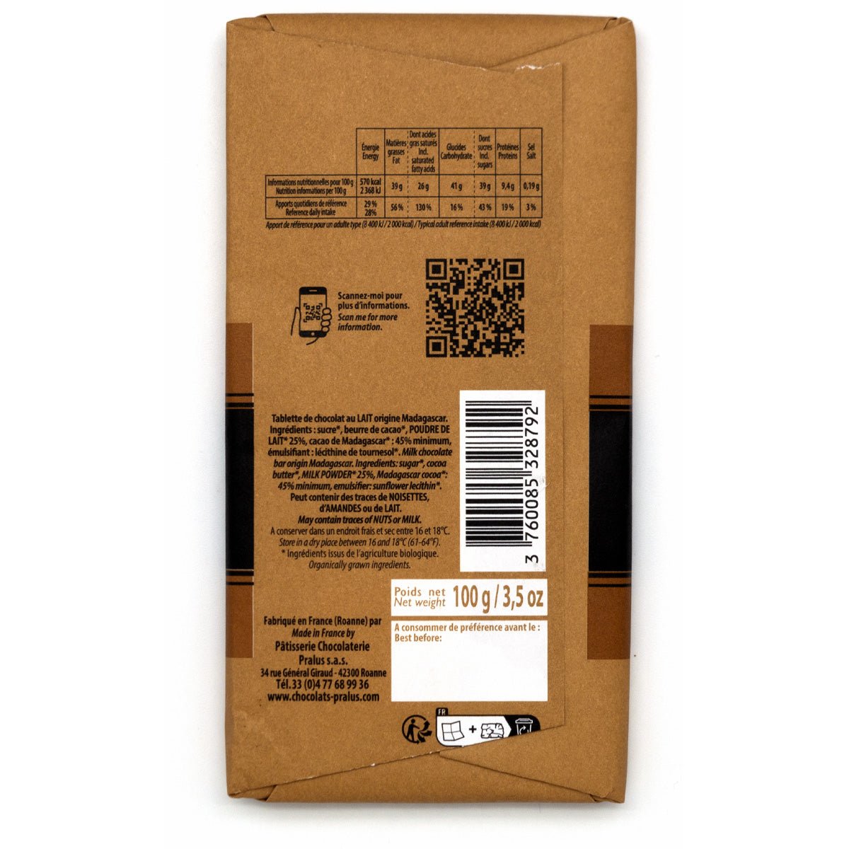 Pralus Melissa BIO 45% Single Origin Milk Chocolate Bar - 100g