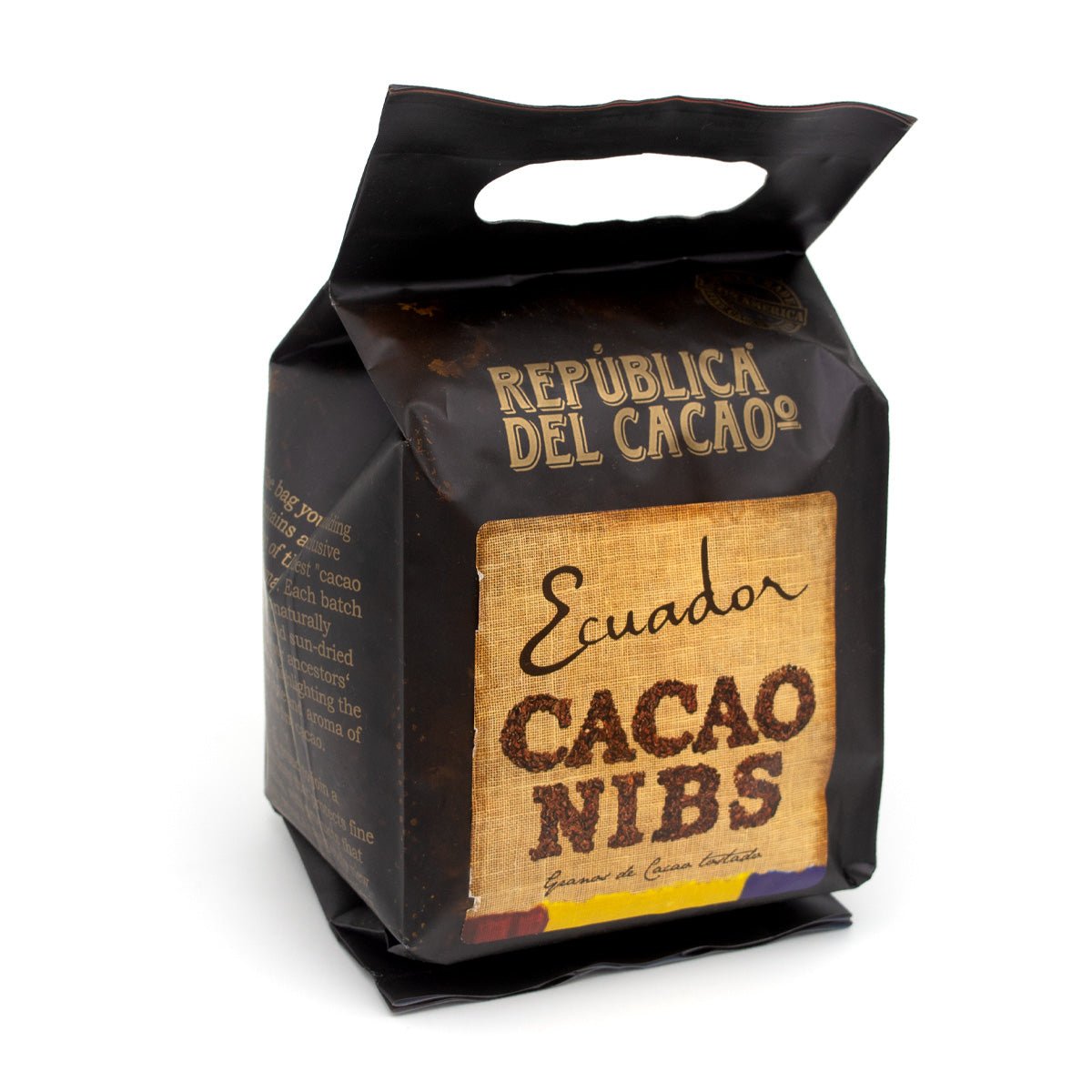 A dark brown bag of Ecuador Cacao Nibs by República del Cacao, featuring a textured tan label on the front with dark brown cacao nibs printed on it, set against a plain white background.