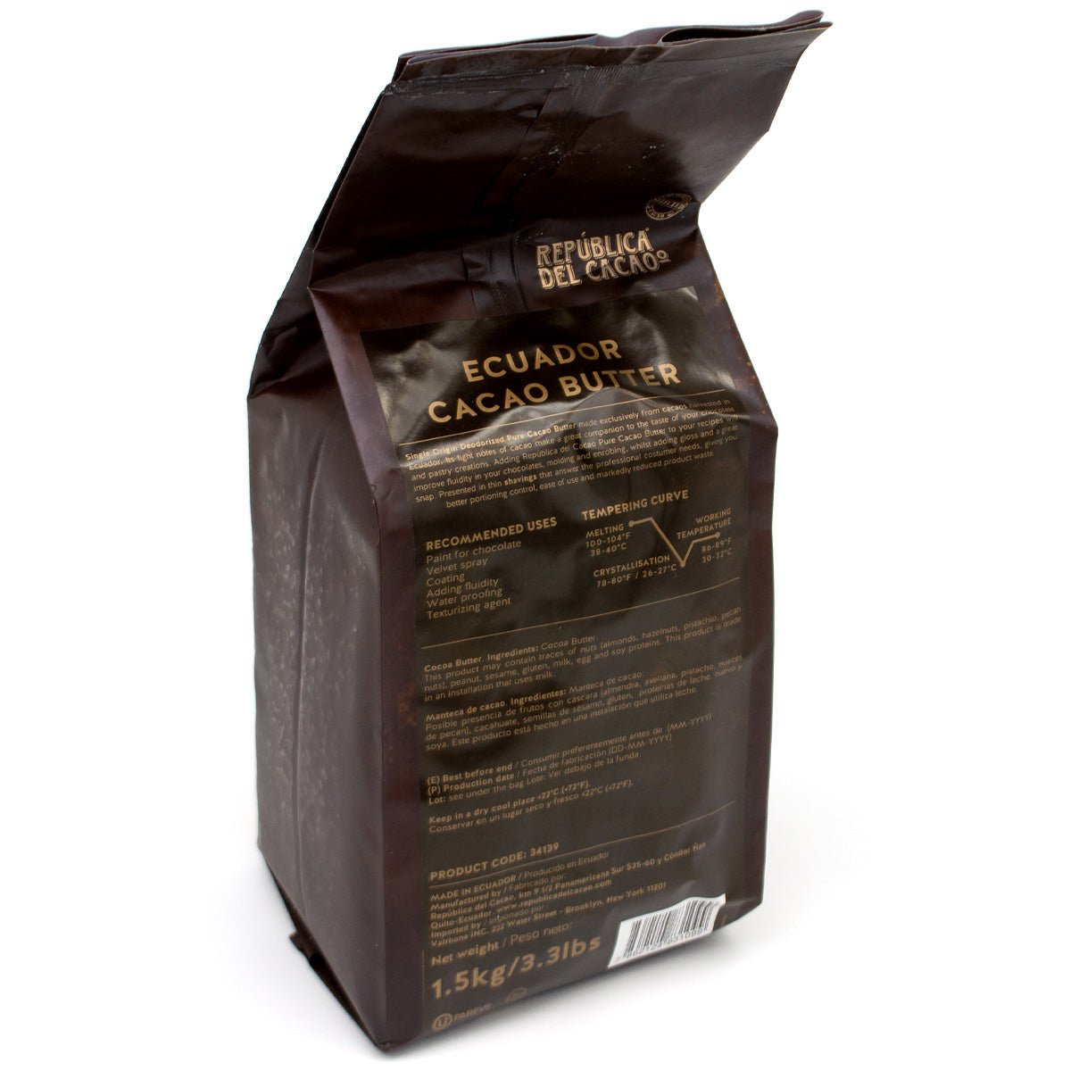 Dark brown packaging of Ecuador Cacao Butter with text on a white background