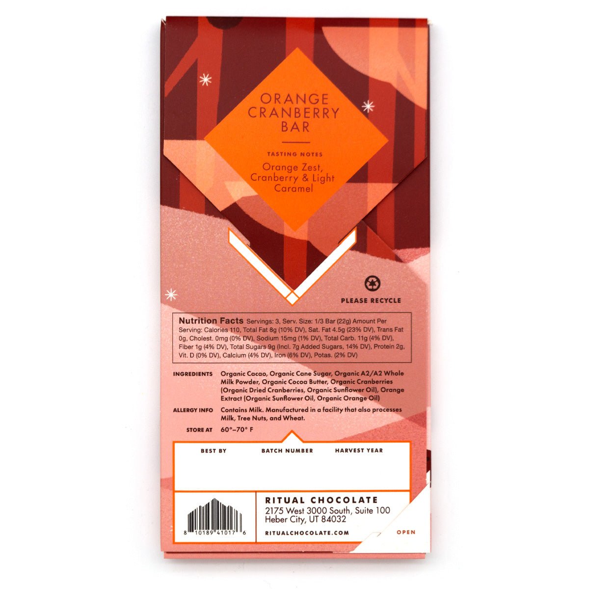 Ritual Chocolate Orange Cranberry Bar chocolate packaging with brand details on a white background