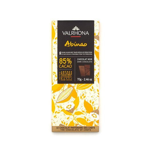 Valrhona Abinao 85% Cacao dark chocolate bar packaging on a white background