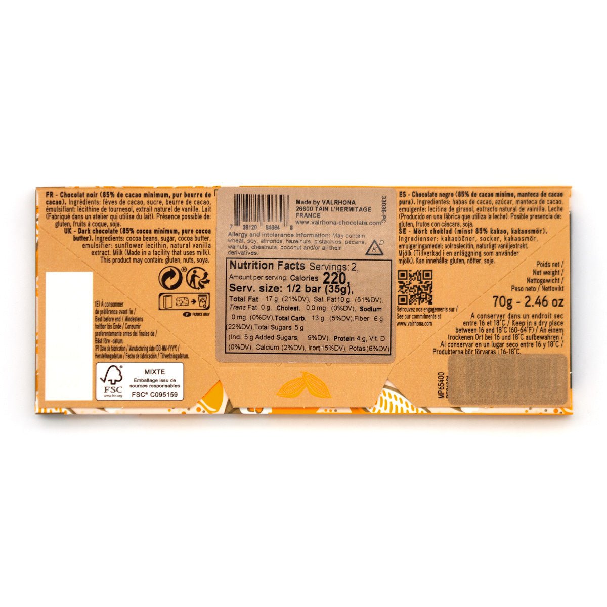 Chocolate bar packaging with nutrition facts label on a white background
