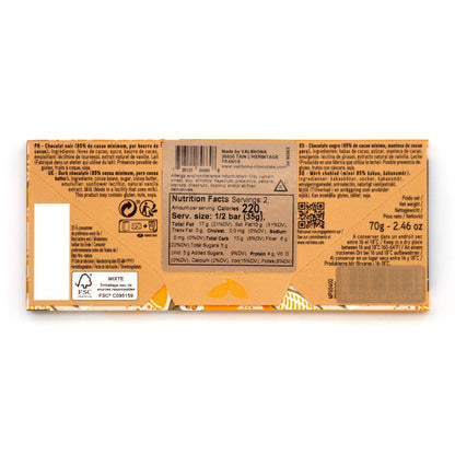 Chocolate bar packaging with nutrition facts label on a white background