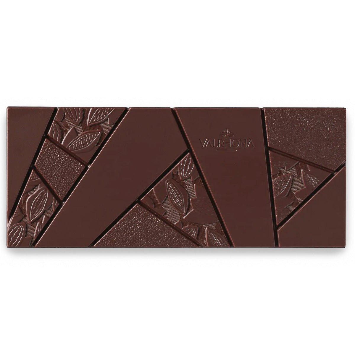 Chocolate bar with embossed designs on a white background