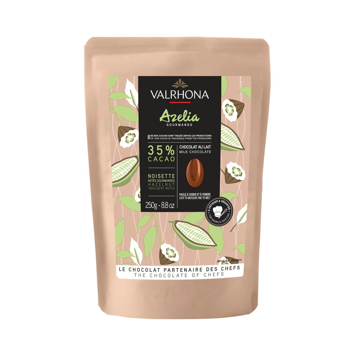 Valrhona Azelia chocolate packaging with cacao bean illustration on a white background