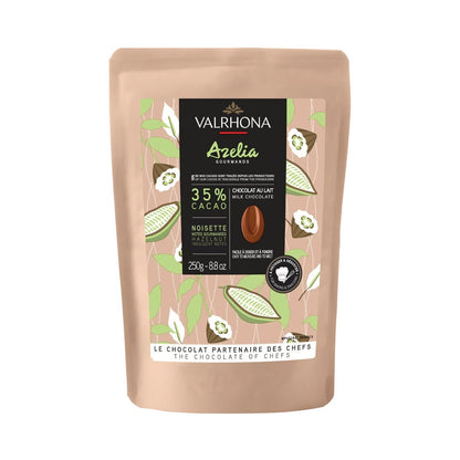 Valrhona Azelia chocolate packaging with cacao bean illustration on a white background