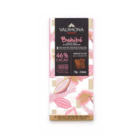 Valrhona Bahibe chocolate bar packaging with floral design on a white background