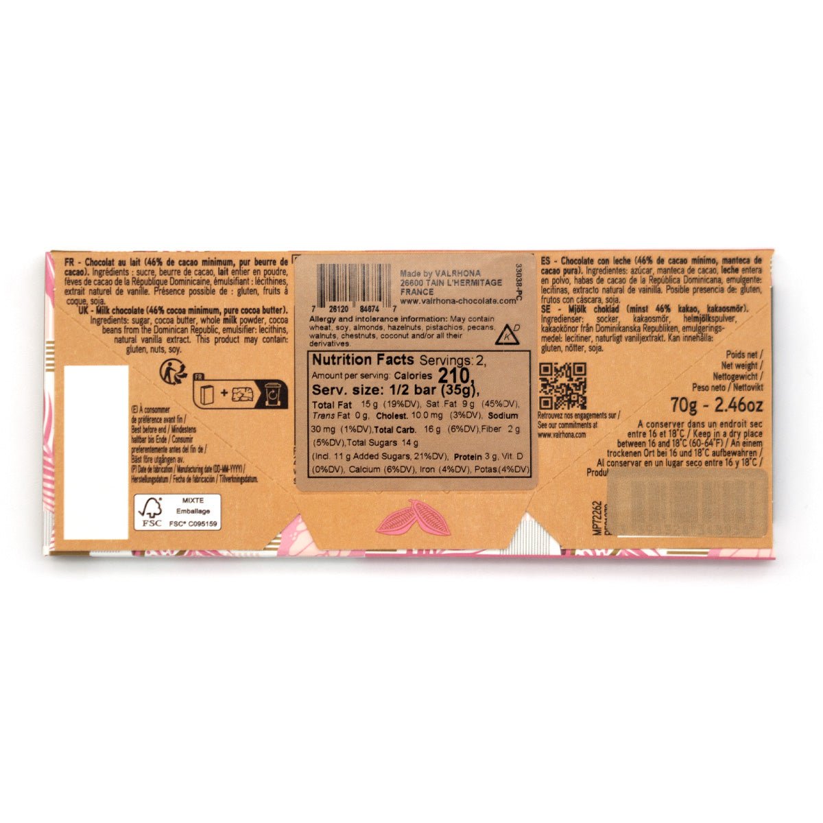Chocolate bar packaging with nutritional information on a white background