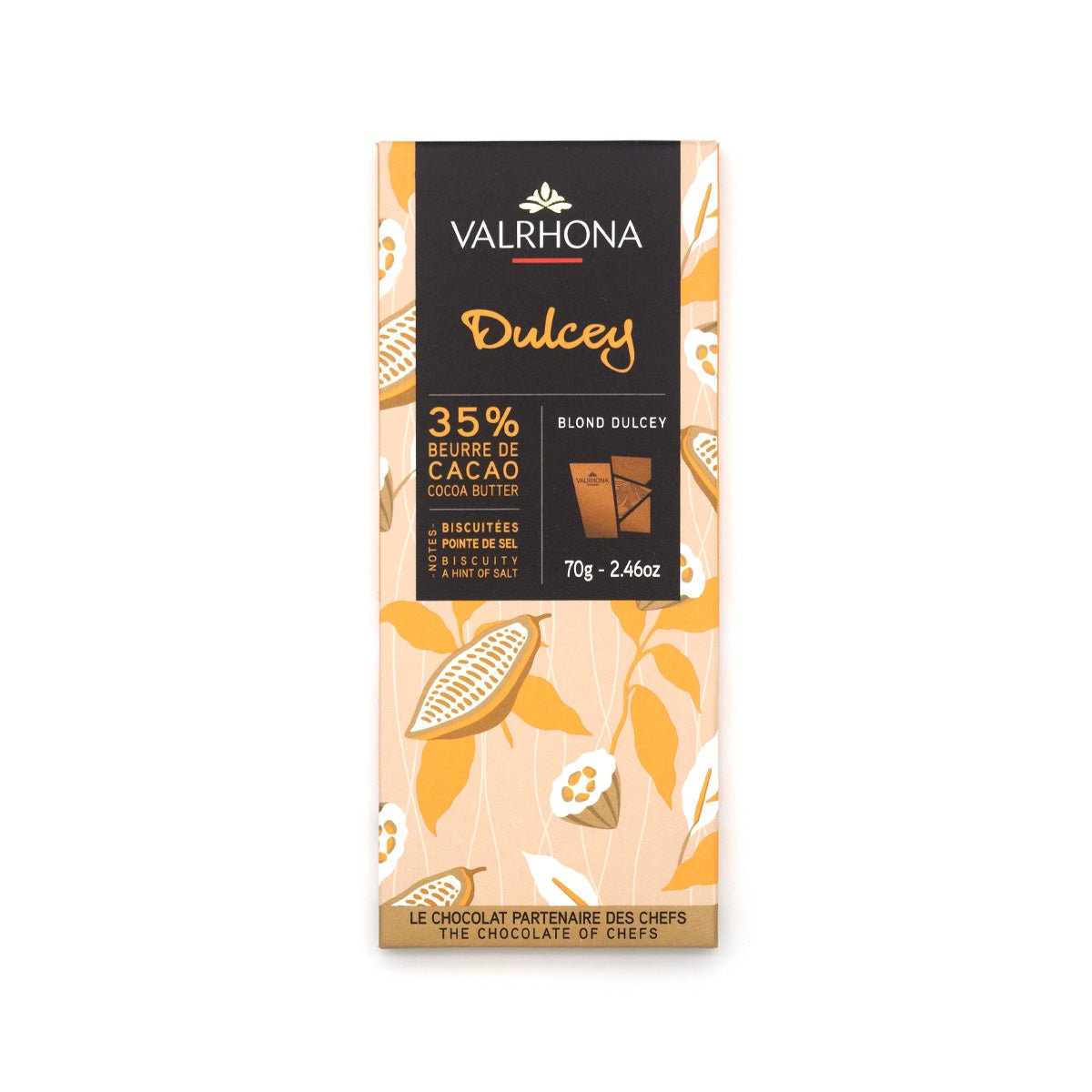 Valrhona Dulcey chocolate bar packaging on a white background
