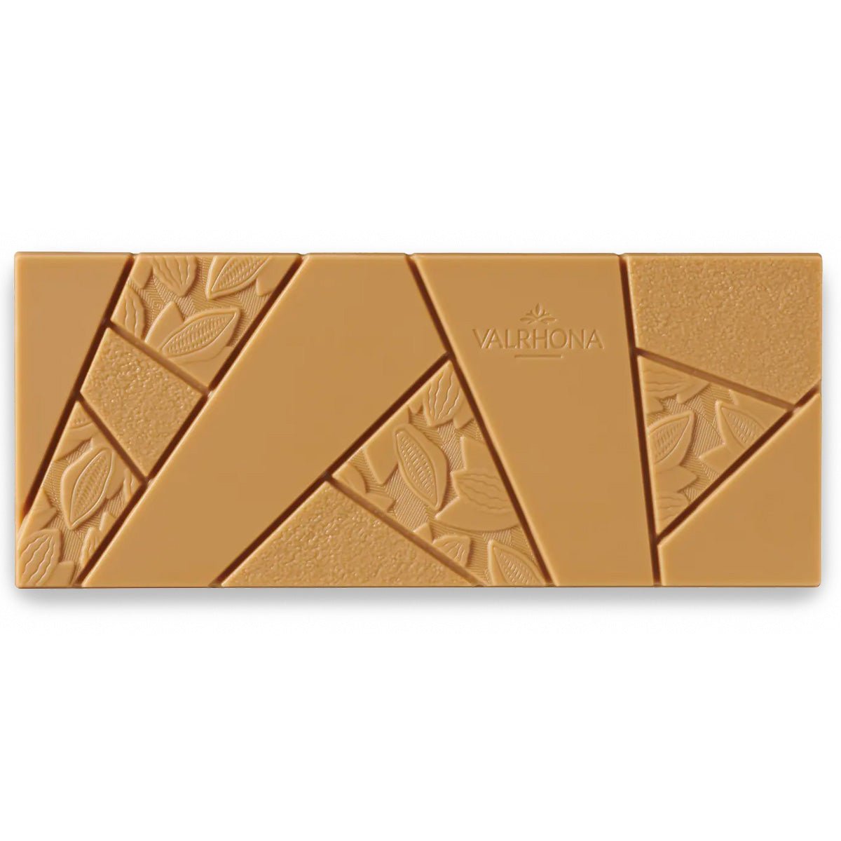 Chocolate bar with geometric pattern and Valrhona branding on a white background