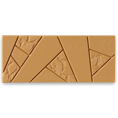 Chocolate bar with geometric pattern and Valrhona branding on a white background