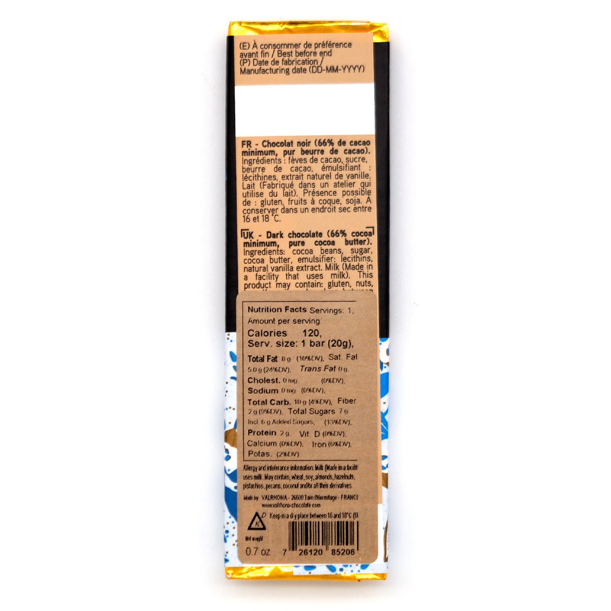 Valrhona Caraïbe 66% Dark Chocolate Mini-Bar - 20g (Close Date)