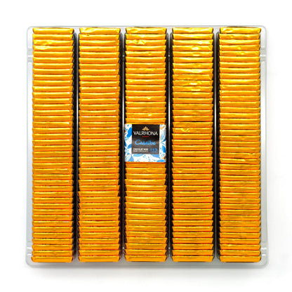 Packaging of Valrhona Caraibe chocolate squares on a white background