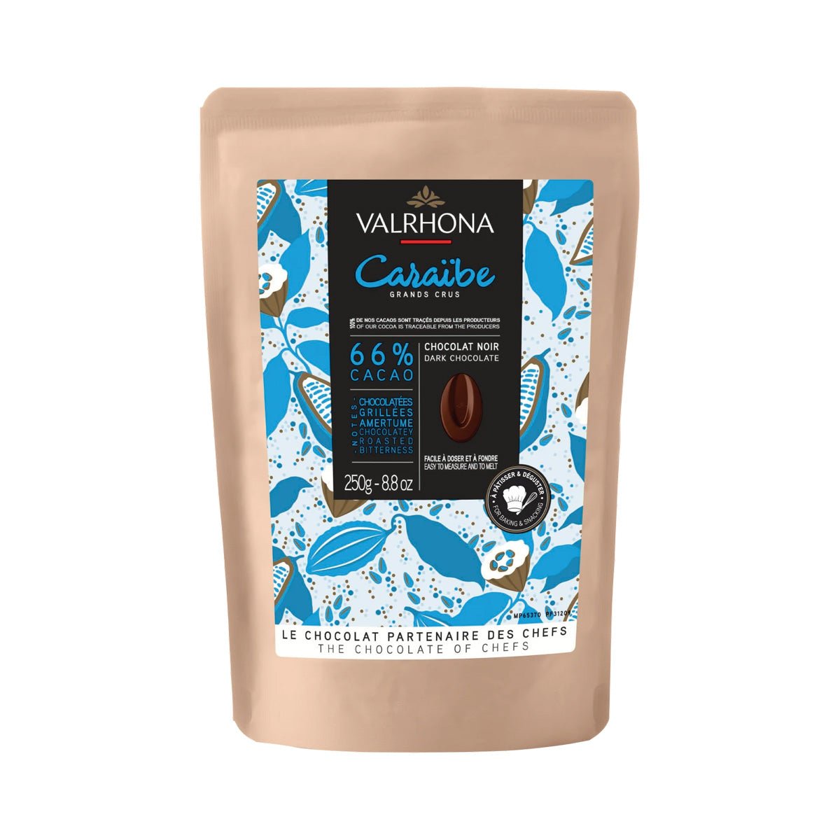 Valrhona Caraibe chocolate packaging with blue and white design on a beige background