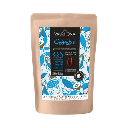 Valrhona Caraibe chocolate packaging with blue and white design on a beige background