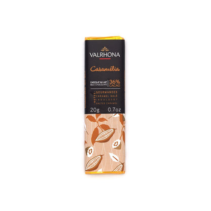 Valrhona Caramelia 36% Milk Chocolate Mini-Bar - 20 grams packaging on a white background