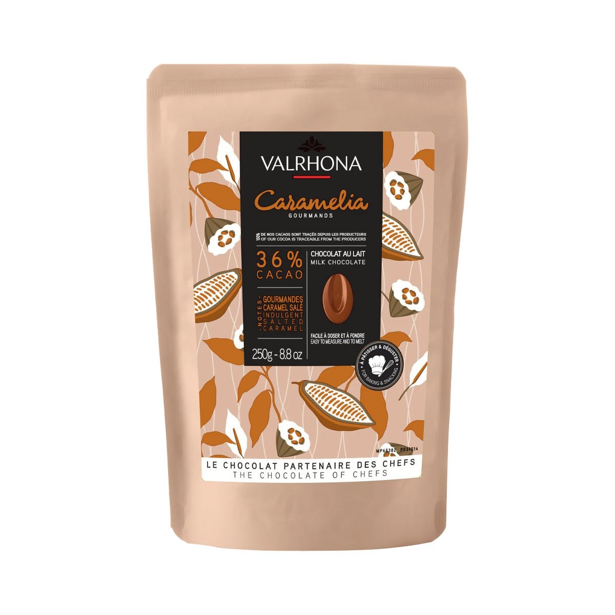 Valrhona Caramelia chocolate packaging on a white background