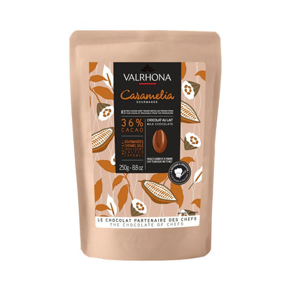 Valrhona Caramelia chocolate packaging on a white background