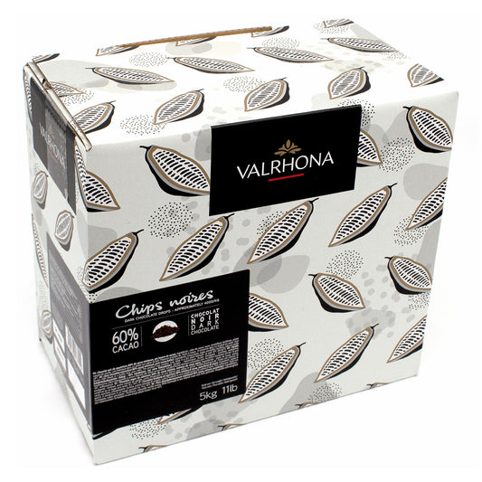 A 5kg box of Valrhona Chips noires chocolate, featuring a white cardboard box decorated with a pattern of cocoa pods in gray and black, with black brand labels.