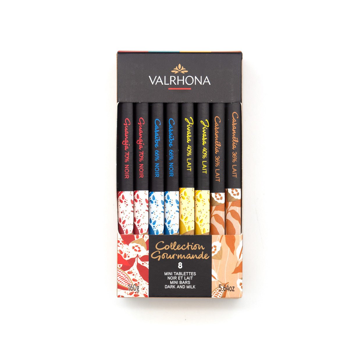 Valrhona Collection Gourmande Dark and Milk Chocolate Mini-Bars Gift Box packaging on a white background
