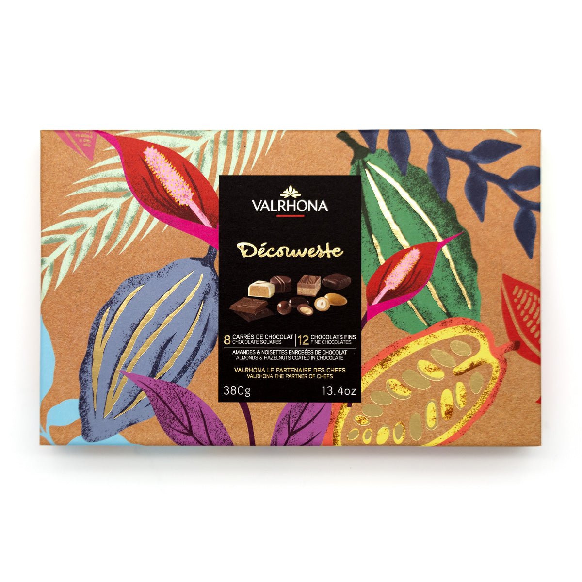 Valrhona chocolate box with colorful leaf design on a white background