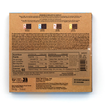The back of a chocolate bar packaging box, made from brown kraft paper, showing product details, ingredients, nutrition facts, and flavor swatches for Guanaja, Caraibe, Bahibe, and Jivara Chocolate.