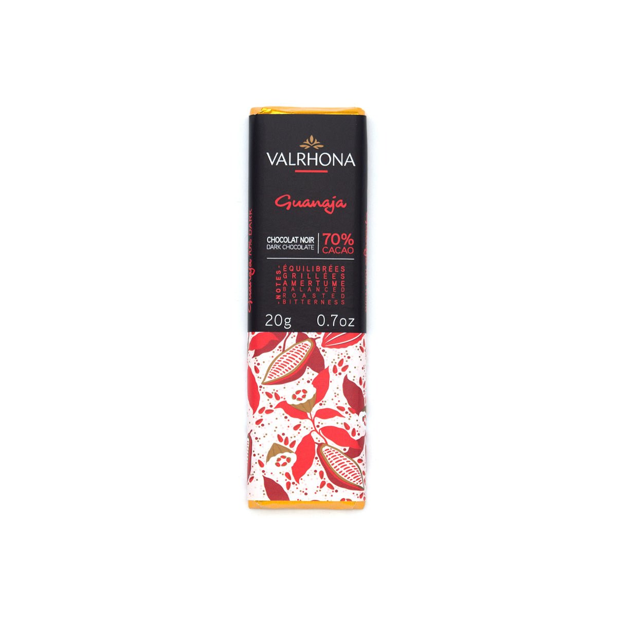 Valrhona Guanaja 70% Dark Chocolate Mini-Bar - 20 grams packaging with black label and red and white design