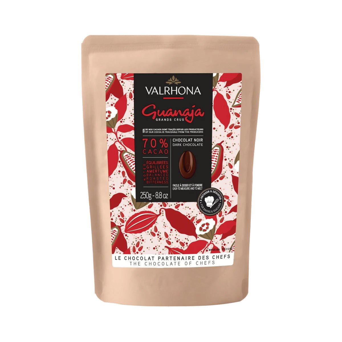 Valrhona Guanaja chocolate packaging with red and white design on a beige background