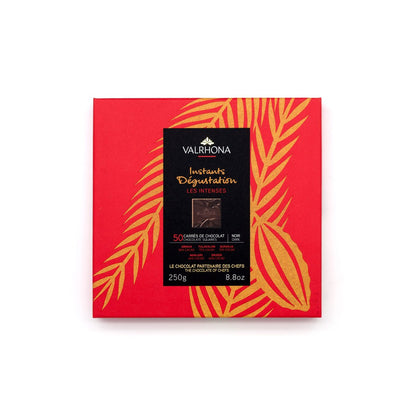 Valrhona chocolate packaging with red and yellow design on a white background