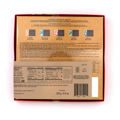 Back view of a chocolate packaging box with nutritional information and branding.