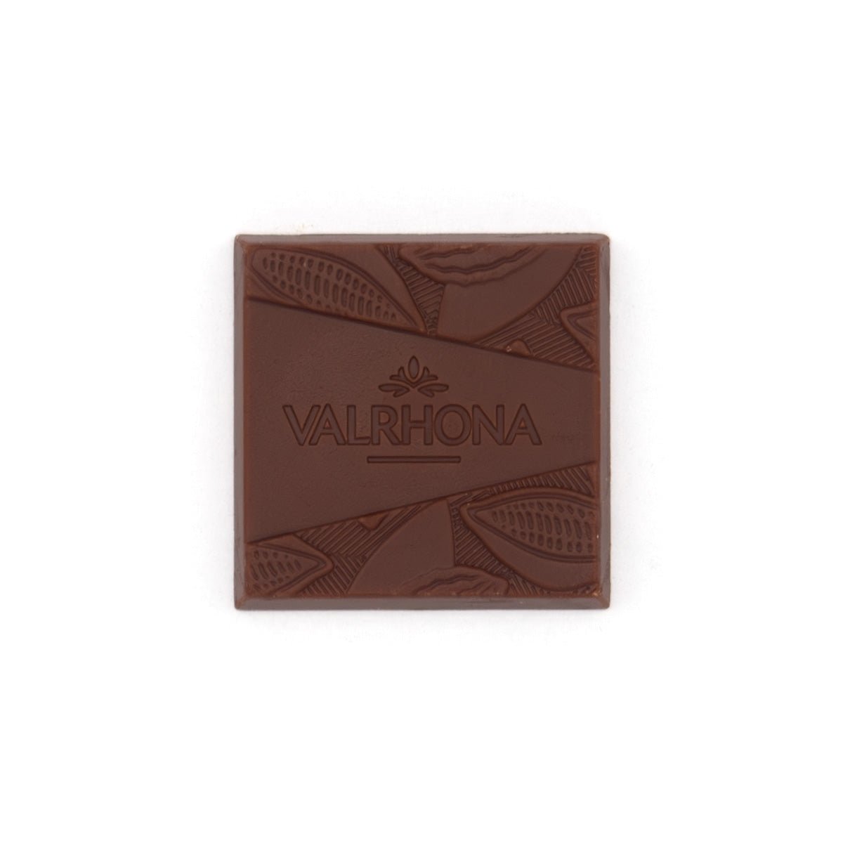 Square piece of Valrhona chocolate on a white background