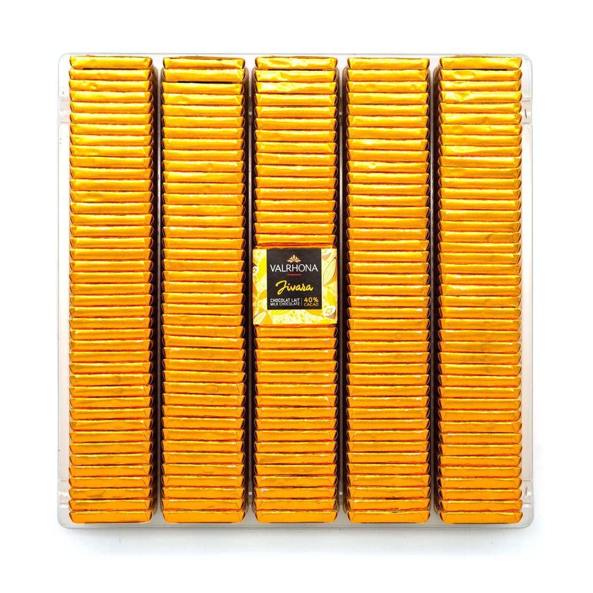 Pack of Valrhona Jivara chocolate napolitains on a white background