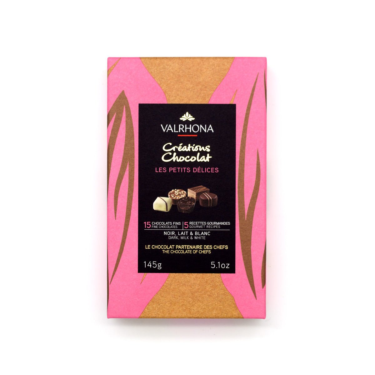 Valrhona chocolate packaging with pink and brown design on a white background