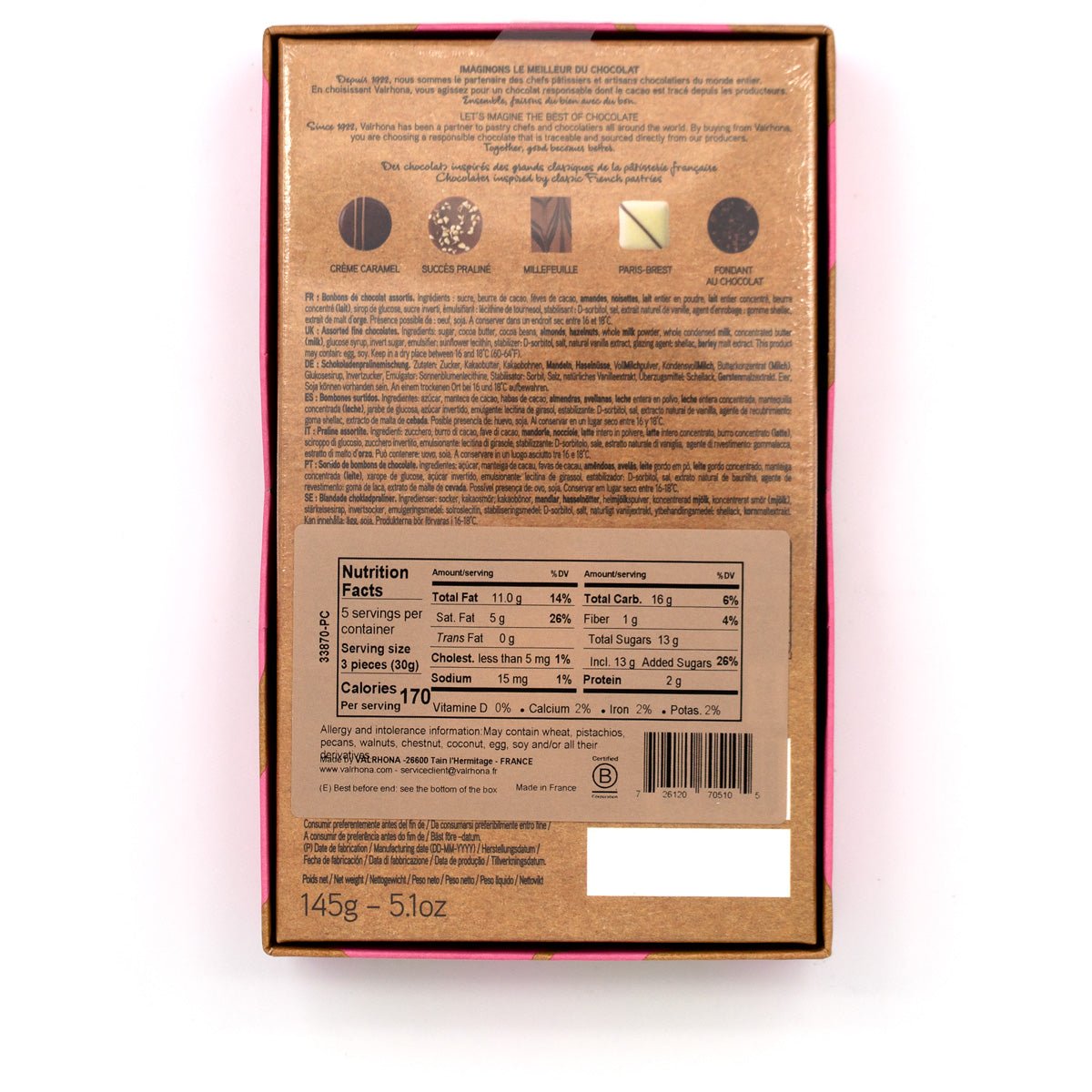 Back of a chocolate packaging with nutritional information and branding.